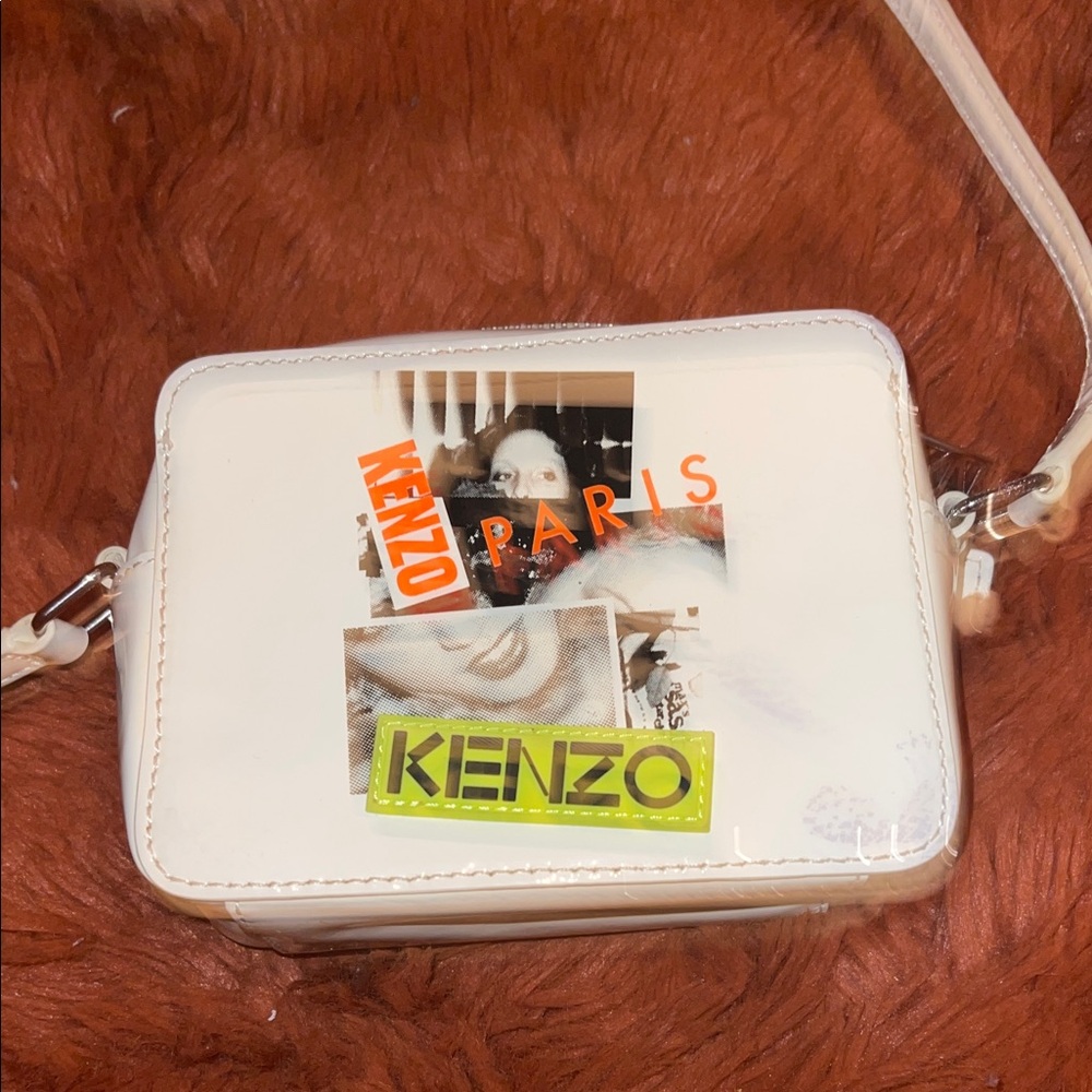 Kenzo White Patent Crossbody with Orange and Neon Green Logo Accents